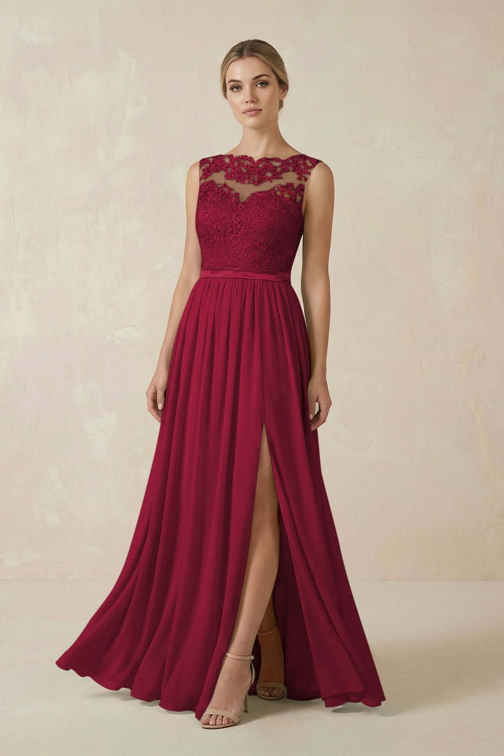 Lace A - Line Bateau Neck Chiffon Long Bridesmaid Dress in Berry - SHE IS ME Bridesmaid Dresses