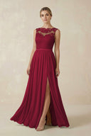 Lace A - Line Bateau Neck Chiffon Long Bridesmaid Dress in Berry - SHE IS ME Bridesmaid Dresses
