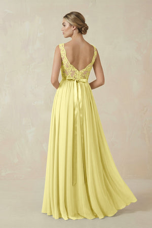 Lace A - Line Bateau Neck Chiffon Long Bridesmaid Dress in Buttercup - SHE IS ME Bridesmaid Dresses