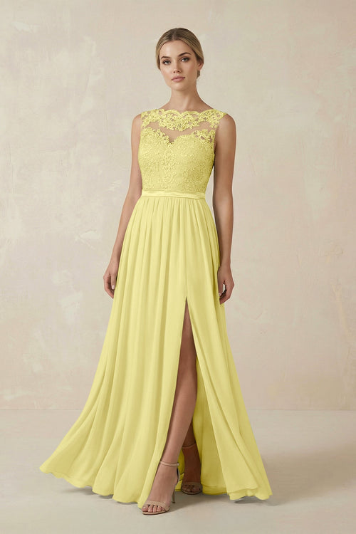 Lace A - Line Bateau Neck Chiffon Long Bridesmaid Dress in Buttercup - SHE IS ME Bridesmaid Dresses