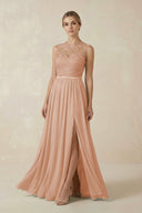 Lace A - Line Bateau Neck Chiffon Long Bridesmaid Dress in Champagne Rose - SHE IS ME Bridesmaid Dresses