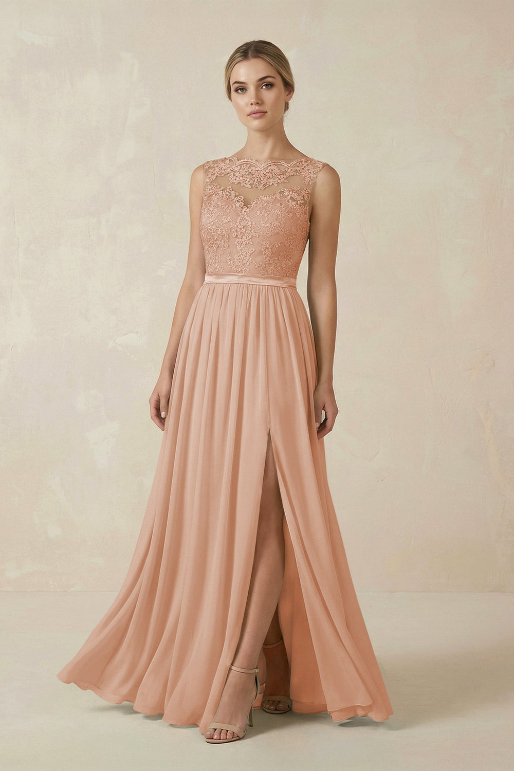Lace A - Line Bateau Neck Chiffon Long Bridesmaid Dress in Champagne Rose - SHE IS ME Bridesmaid Dresses