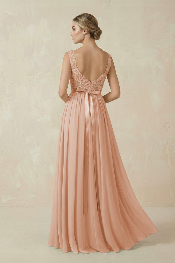 Lace A - Line Bateau Neck Chiffon Long Bridesmaid Dress in Champagne Rose - SHE IS ME Bridesmaid Dresses