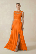 Lace A - Line Bateau Neck Chiffon Long Bridesmaid Dress in Cinnamon - SHE IS ME Bridesmaid Dresses