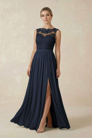 Lace A - Line Bateau Neck Chiffon Long Bridesmaid Dress in Dark Navy - SHE IS ME Bridesmaid Dresses