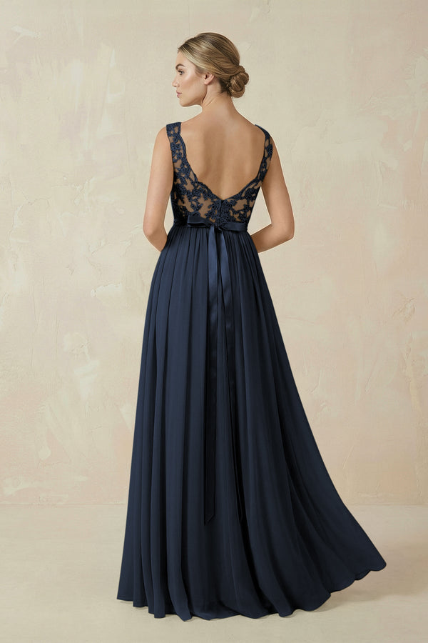 Lace A - Line Bateau Neck Chiffon Long Bridesmaid Dress in Dark Navy - SHE IS ME Bridesmaid Dresses