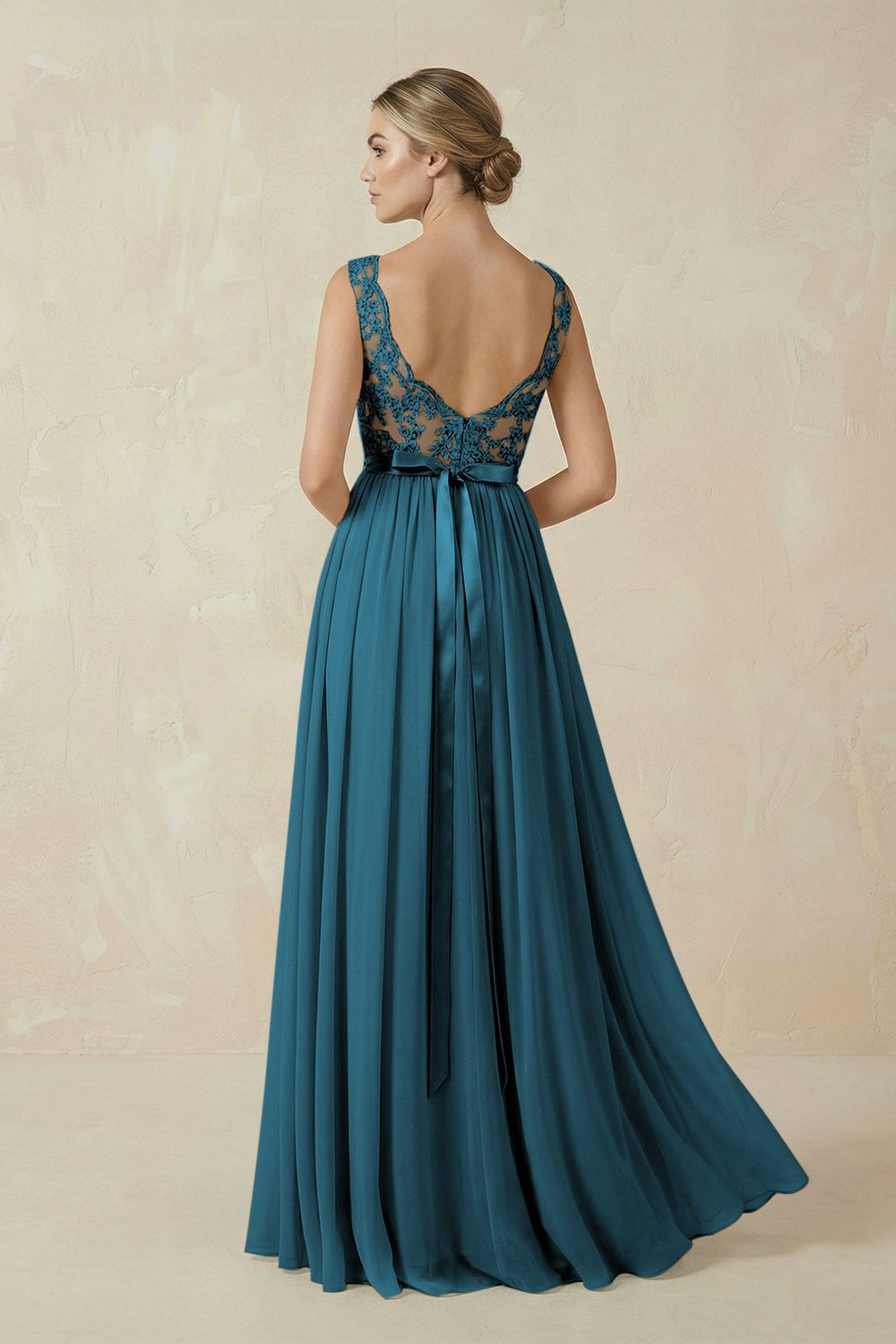 Lace A - Line Bateau Neck Chiffon Long Bridesmaid Dress in Dark Teal - SHE IS ME Bridesmaid Dresses