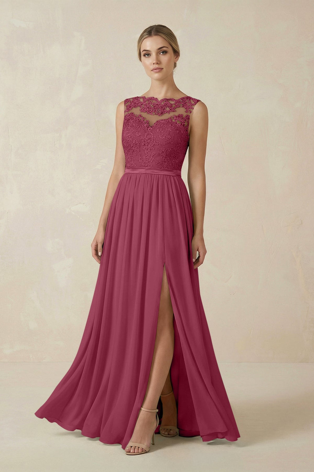 Lace A - Line Bateau Neck Chiffon Long Bridesmaid Dress in Desert Rose - SHE IS ME Bridesmaid Dresses