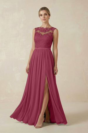 Lace A - Line Bateau Neck Chiffon Long Bridesmaid Dress in Desert Rose - SHE IS ME Bridesmaid Dresses