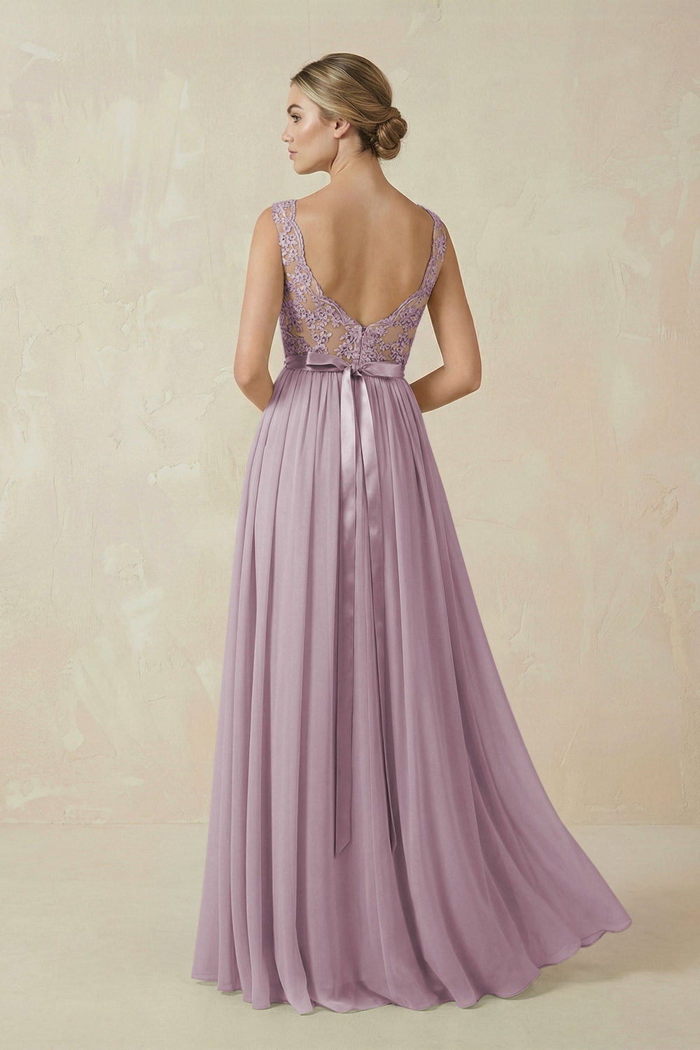 Lace A - Line Bateau Neck Chiffon Long Bridesmaid Dress in Dusk - SHE IS ME Bridesmaid Dresses