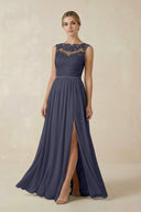 Lace A - Line Bateau Neck Chiffon Long Bridesmaid Dress in Dusk Blue - SHE IS ME Bridesmaid Dresses