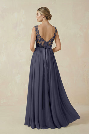 Lace A - Line Bateau Neck Chiffon Long Bridesmaid Dress in Dusk Blue - SHE IS ME Bridesmaid Dresses