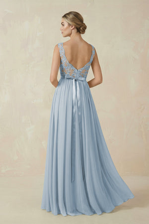 Lace A - Line Bateau Neck Chiffon Long Bridesmaid Dress in Dusty Blue - SHE IS ME Bridesmaid Dresses