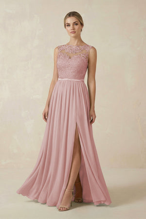 Lace A - Line Bateau Neck Chiffon Long Bridesmaid Dress in Dusty Rose - SHE IS ME Bridesmaid Dresses