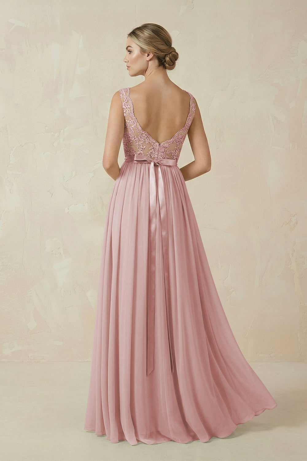 Lace A - Line Bateau Neck Chiffon Long Bridesmaid Dress in Dusty Rose - SHE IS ME Bridesmaid Dresses