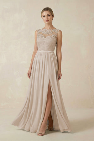 Lace A - Line Bateau Neck Chiffon Long Bridesmaid Dress in Frost - SHE IS ME Bridesmaid Dresses