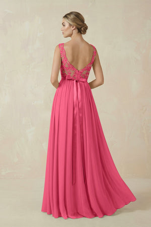Lace A - Line Bateau Neck Chiffon Long Bridesmaid Dress in Fuchsia - SHE IS ME Bridesmaid Dresses