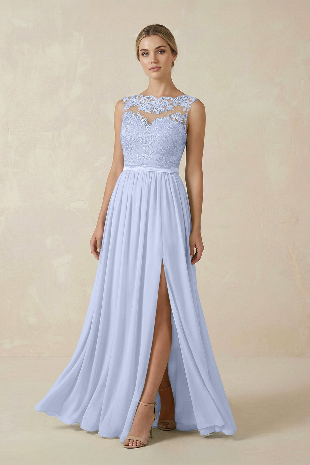 Lace A - Line Bateau Neck Chiffon Long Bridesmaid Dress in Ice - SHE IS ME Bridesmaid Dresses