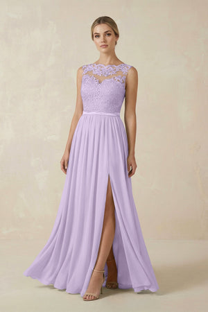 Lace A - Line Bateau Neck Chiffon Long Bridesmaid Dress in Lavender - SHE IS ME Bridesmaid Dresses