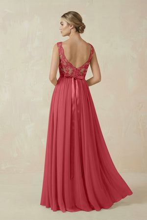 Lace A - Line Bateau Neck Chiffon Long Bridesmaid Dress in Merlot - SHE IS ME Bridesmaid Dresses