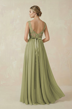Lace A - Line Bateau Neck Chiffon Long Bridesmaid Dress in Moss Green - SHE IS ME Bridesmaid Dresses