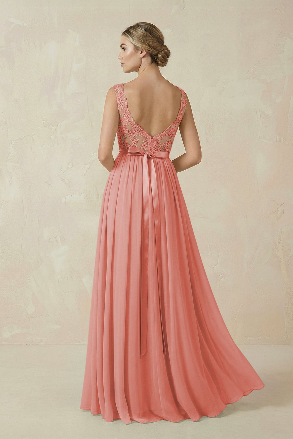Lace A - Line Bateau Neck Chiffon Long Bridesmaid Dress in Mulberry - SHE IS ME Bridesmaid Dresses