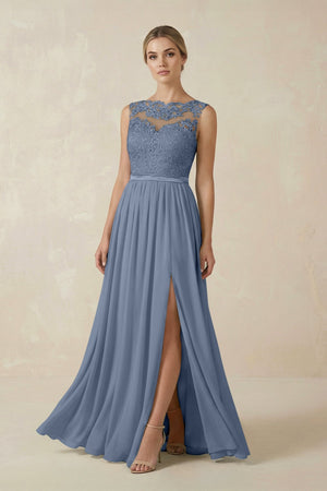 Lace A - Line Bateau Neck Chiffon Long Bridesmaid Dress in Neptune - SHE IS ME Bridesmaid Dresses