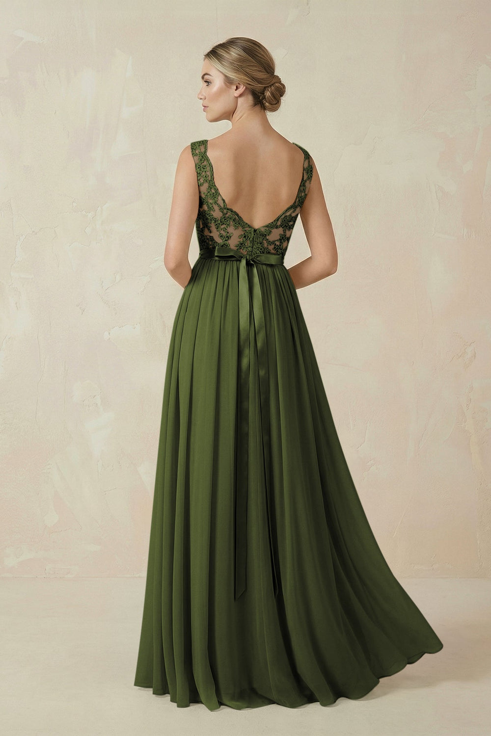 Lace A - Line Bateau Neck Chiffon Long Bridesmaid Dress in Olive - SHE IS ME Bridesmaid Dresses