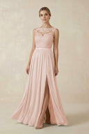 Lace A - Line Bateau Neck Chiffon Long Bridesmaid Dress in Pale Blush - SHE IS ME Bridesmaid Dresses