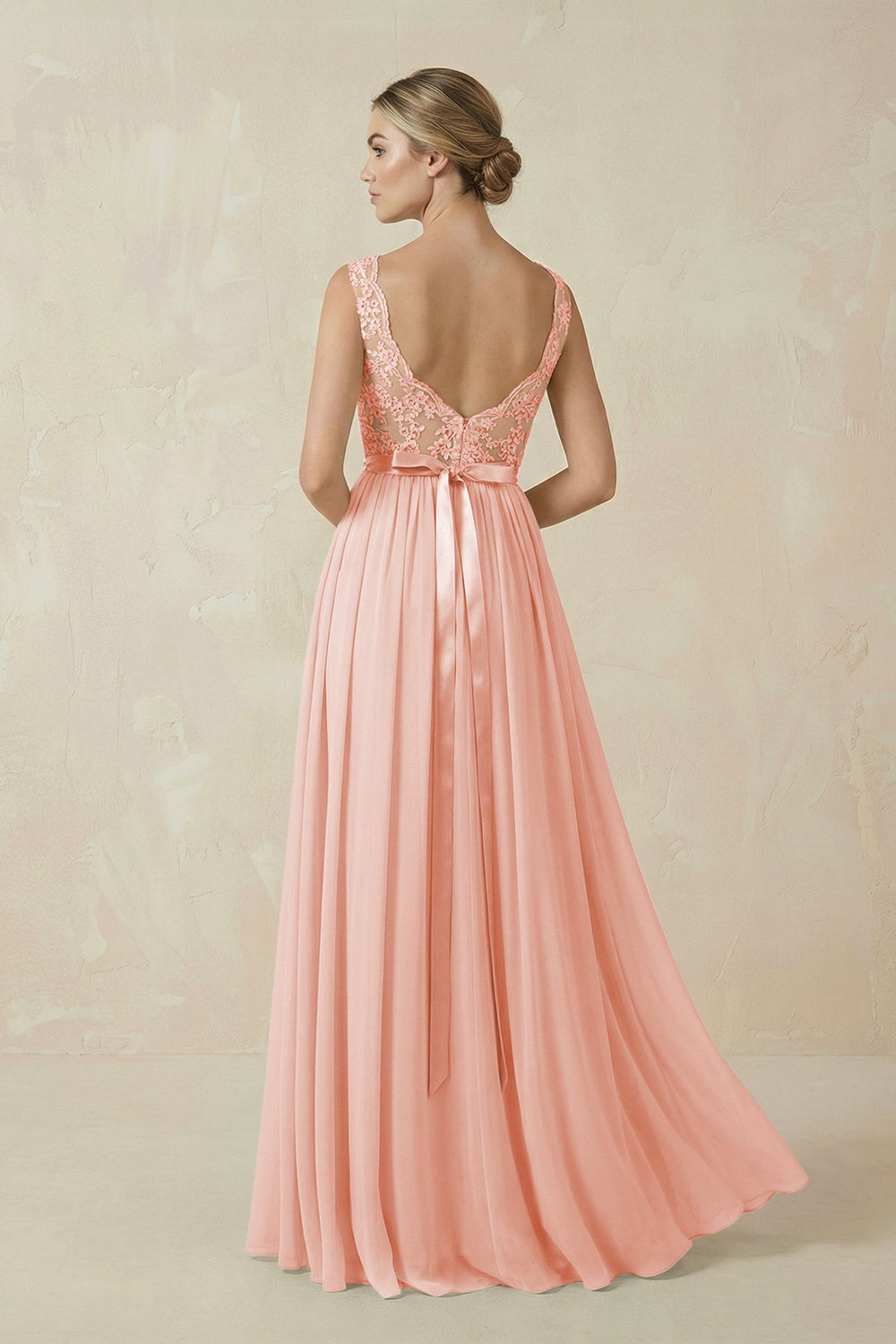 Lace A - Line Bateau Neck Chiffon Long Bridesmaid Dress in Rose Petal - SHE IS ME Bridesmaid Dresses