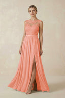 Lace A - Line Bateau Neck Chiffon Long Bridesmaid Dress in Rosette - SHE IS ME Bridesmaid Dresses