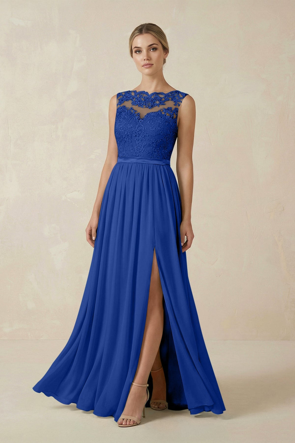 Lace A - Line Bateau Neck Chiffon Long Bridesmaid Dress in Royal Blue - SHE IS ME Bridesmaid Dresses