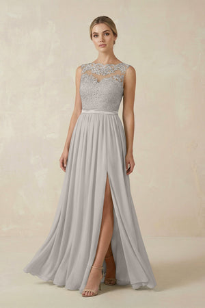 Lace A - Line Bateau Neck Chiffon Long Bridesmaid Dress in Silver - SHE IS ME Bridesmaid Dresses