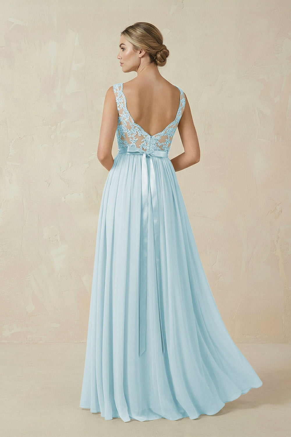 Lace A - Line Bateau Neck Chiffon Long Bridesmaid Dress in Sky Blue - SHE IS ME Bridesmaid Dresses