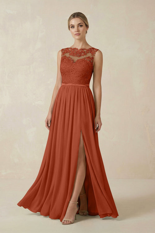 Lace A - Line Bateau Neck Chiffon Long Bridesmaid Dress in Spice - SHE IS ME Bridesmaid Dresses