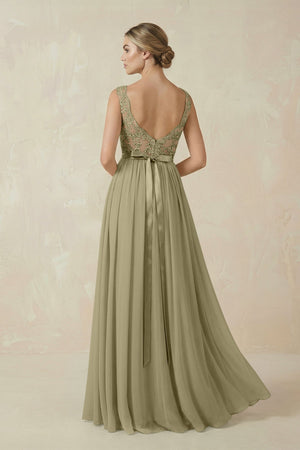 Lace A - Line Bateau Neck Chiffon Long Bridesmaid Dress in Thyme - SHE IS ME Bridesmaid Dresses