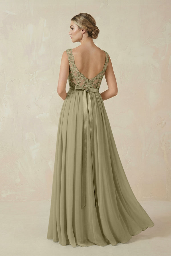 Lace A - Line Bateau Neck Chiffon Long Bridesmaid Dress in Thyme - SHE IS ME Bridesmaid Dresses