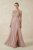 Lace A - Line Bateau Neck Chiffon Long Bridesmaid Dress in Toffee - SHE IS ME Bridesmaid Dresses