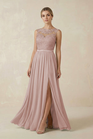 Lace A - Line Bateau Neck Chiffon Long Bridesmaid Dress in Toffee - SHE IS ME Bridesmaid Dresses
