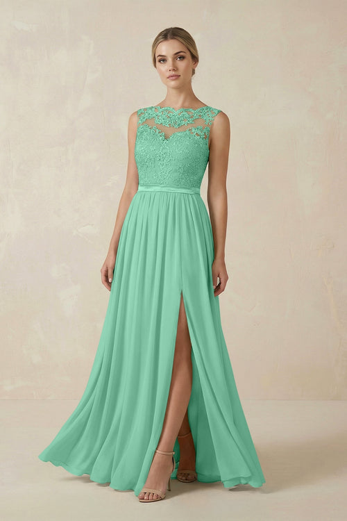 Lace A - Line Bateau Neck Chiffon Long Bridesmaid Dress in Turquoise - SHE IS ME Bridesmaid Dresses