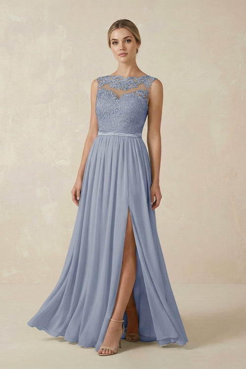 Lace A - Line Bateau Neck Chiffon Long Bridesmaid Dress in Twilight - SHE IS ME Bridesmaid Dresses