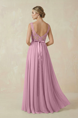 Lace A - Line Bateau Neck Chiffon Long Bridesmaid Dress in Vintage Mauve - SHE IS ME Bridesmaid Dresses