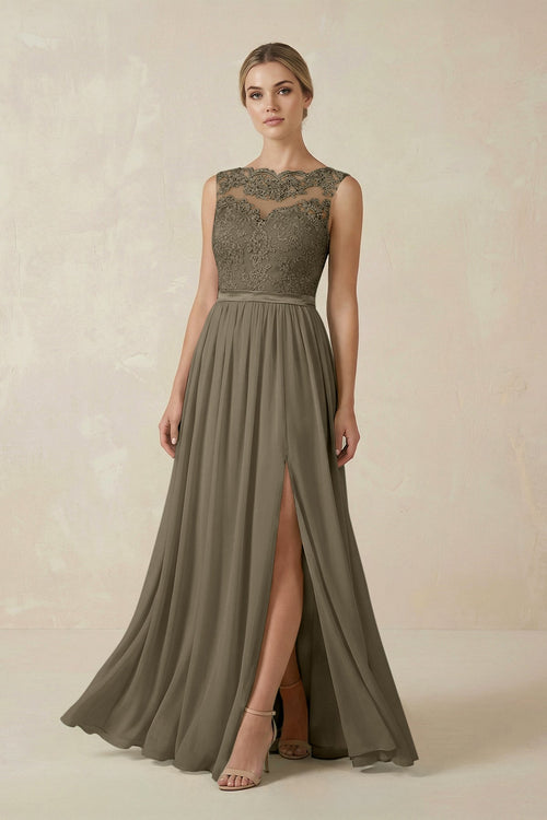 Lace A - Line Bateau Neck Chiffon Long Bridesmaid Dress in Willow Green - SHE IS ME Bridesmaid Dresses