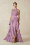 Lace A - Line Bateau Neck Chiffon Long Bridesmaid Dress in Wisteria - SHE IS ME Bridesmaid Dresses