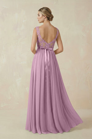 Lace A - Line Bateau Neck Chiffon Long Bridesmaid Dress in Wisteria - SHE IS ME Bridesmaid Dresses