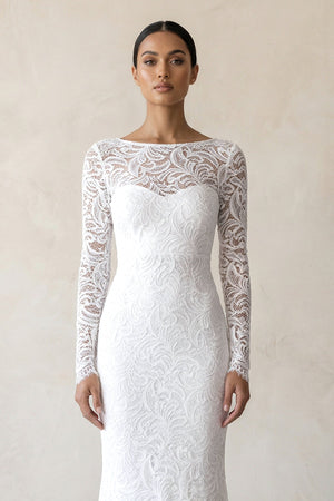 Lace Beatu Neck Sheath Wedding Dress in White - SHE IS ME Wedding Dresses
