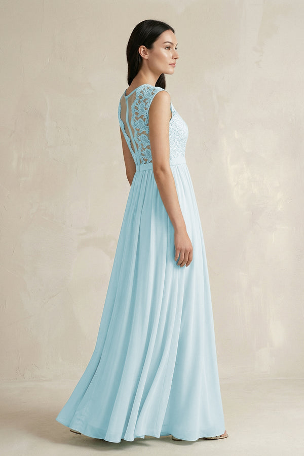 Lace Chiffon A-Line Round Neck Bridesmaid Dress in Sky Blue - SHE IS ME BRIDESMAID DRESSES