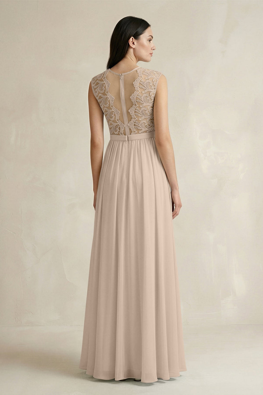 Lace Chiffon A - Line Round Neck Bridesmaid Dress in Almond - SHE IS ME Bridesmaid Dresses