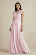 Lace Chiffon A - Line Round Neck Bridesmaid Dress in Candy Pink - SHE IS ME Bridesmaid Dresses