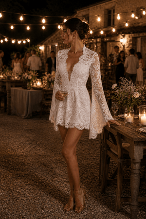 Lace Long Sleeve Plunging V Neck Mini Wedding Dress in Ivory - SHE IS ME Wedding Dresses